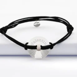 HappyBulle Bracelet homme personnalisé cordon double médaille gravée argent cible soleil 20 mm Argent rhodié 925