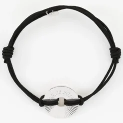HappyBulle Bracelet homme personnalisé cordon double médaille gravée argent cible soleil 20 mm Argent rhodié 925