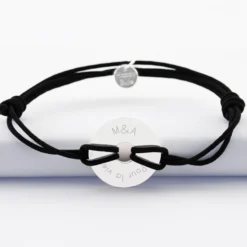 HappyBulle Bracelet homme personnalisé cordon double médaille gravée argent cible soleil 20 mm Argent rhodié 925