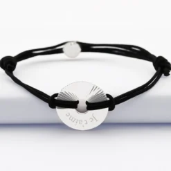 HappyBulle Bracelet homme personnalisé cordon double médaille gravée argent cible soleil 20 mm Argent rhodié 925