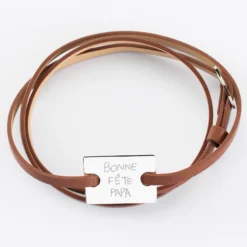 HappyBulle Bracelet homme personnalisé cuir médaille gravée argent rectangle 2 trous 23x16 mm