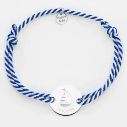 Discount HappyBulle Bracelet homme personnalisé cordon marin tressé médaille gravée argent 2 trous 20 mm - Edition spéciale Marin Argent rhodié 925