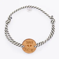 HappyBulle Bracelet homme personnalisé cordon marin tressé médaille gravée bois ronde 2 trous 21 mm - Edition spéciale "Super Maître"