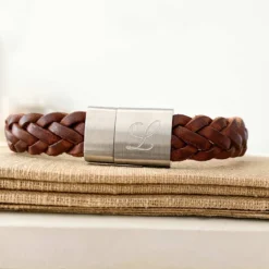HappyBulle Bracelet homme personnalisé cuir tressé fermoir gravé acier 15x15 mm