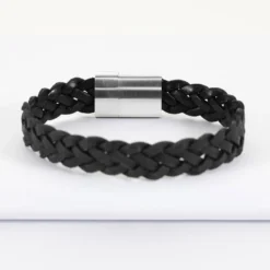 HappyBulle Bracelet homme personnalisé cuir tressé fermoir gravé acier 15x15 mm