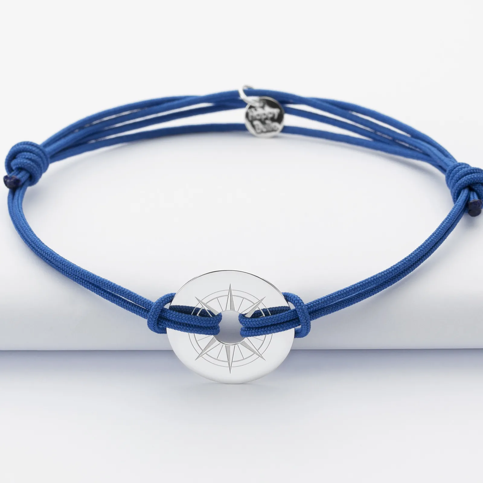 Hot HappyBulle Bracelet homme personnalisé cordon double médaille gravée argent cible 20 mm - Edition spéciale Rose des vents Argent rhodié 925