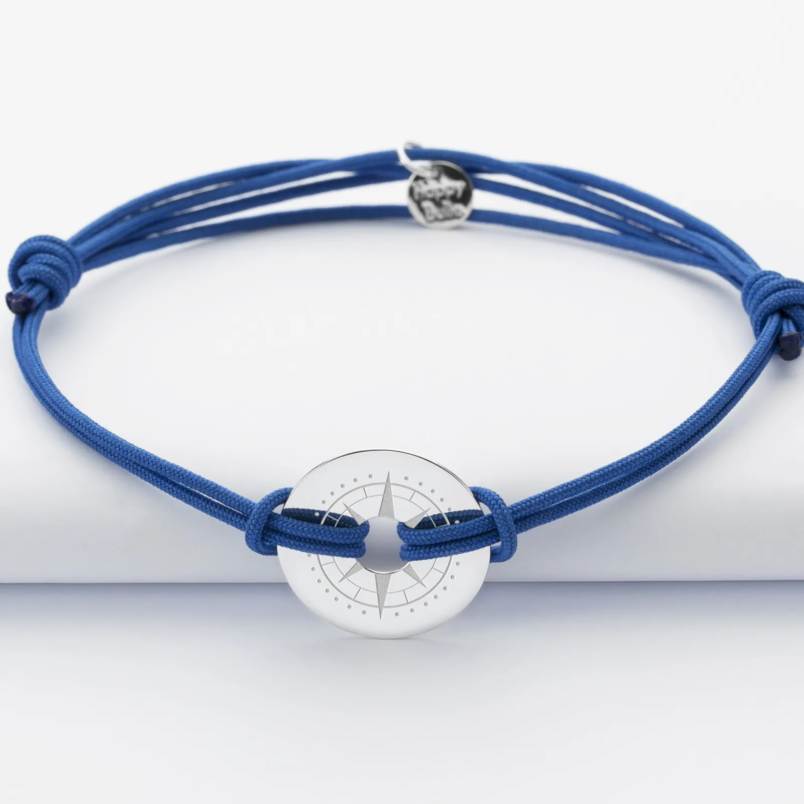 Hot HappyBulle Bracelet homme personnalisé cordon double médaille gravée argent cible 20 mm - Edition spéciale Rose des vents Argent rhodié 925