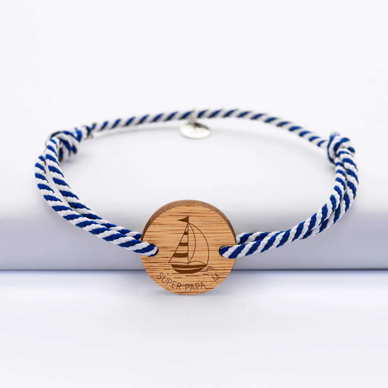 HappyBulle Bracelet homme personnalisé cordon marin tressé médaille gravée ronde 2 trous 21 mm - Edition spéciale Marin Bois