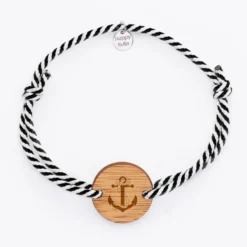 HappyBulle Bracelet homme personnalisé cordon marin tressé médaille gravée ronde 2 trous 21 mm - Edition spéciale Marin Bois