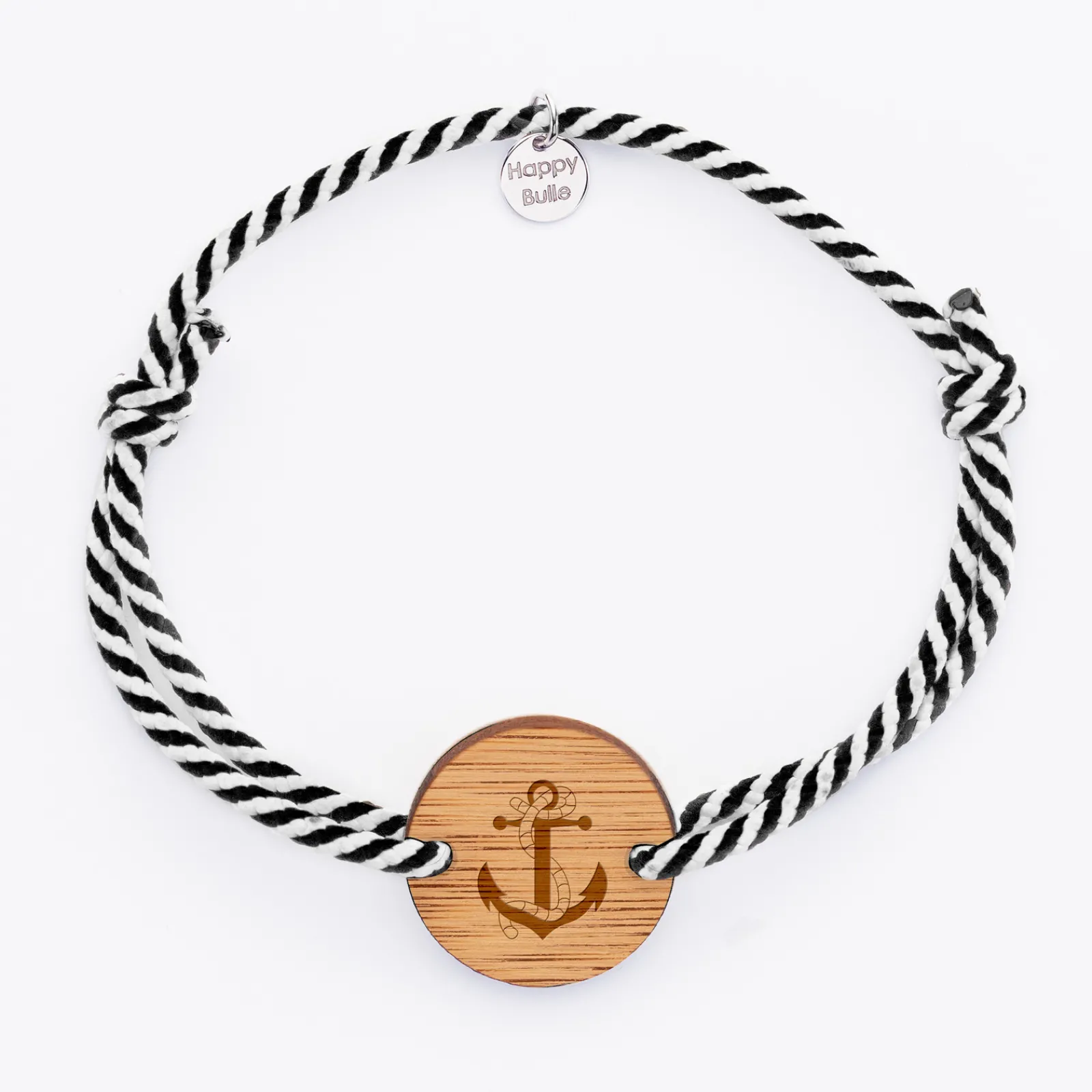 HappyBulle Bracelet homme personnalisé cordon marin tressé médaille gravée ronde 2 trous 21 mm - Edition spéciale Marin Bois