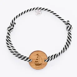 HappyBulle Bracelet homme personnalisé cordon marin tressé médaille gravée ronde 2 trous 21 mm - Edition spéciale Marin Bois