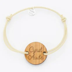 Hot HappyBulle Bracelet homme personnalisé cordon simple médaille gravée ronde 2 trous 21 mm Bois