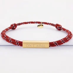 Hot HappyBulle Bracelet homme personnalisé cordage marin double médaille gravée acier doré cube rectangulaire 25x5x5 mm Acier inoxydable doré