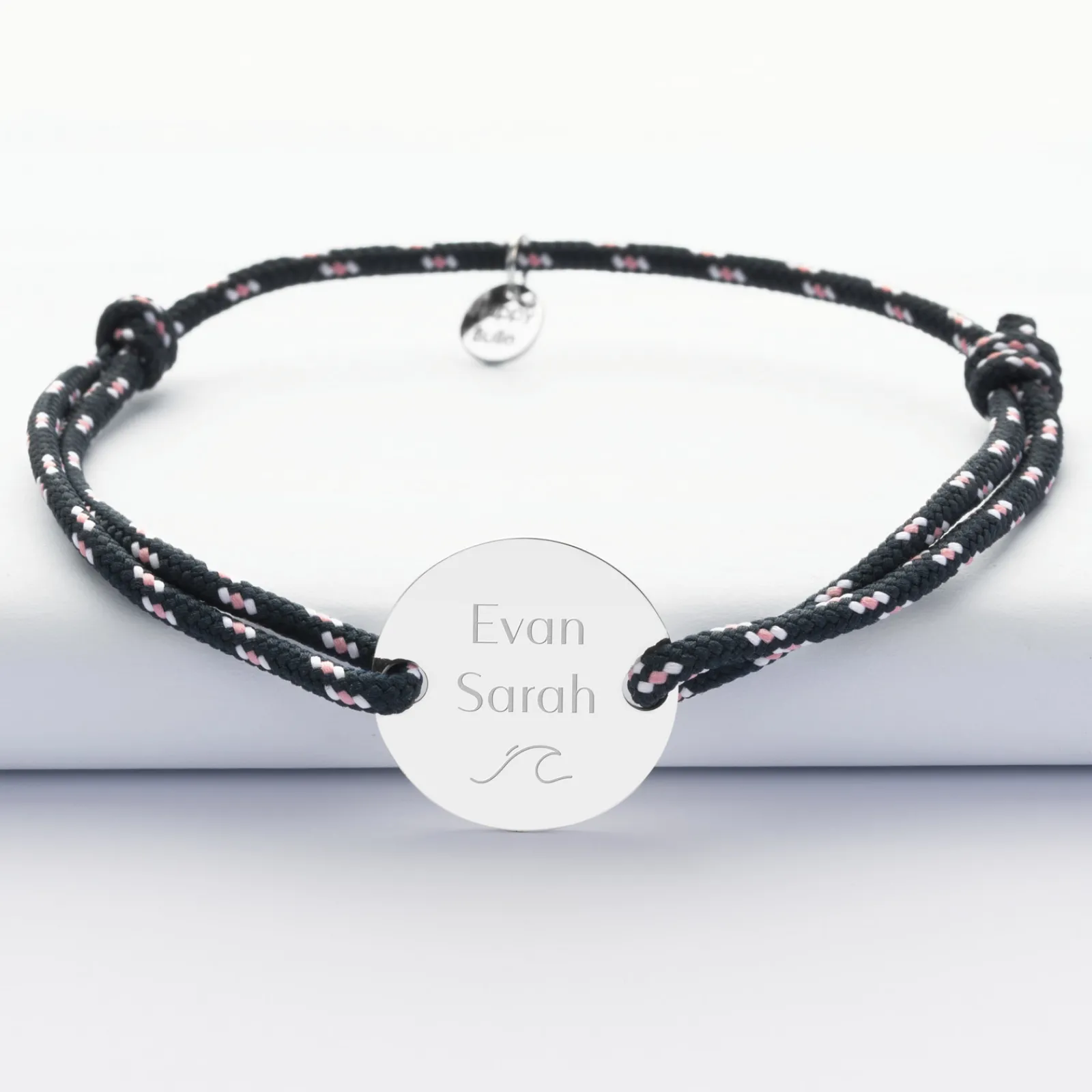 Hot HappyBulle Bracelet homme personnalisé cordage marin simple médaille gravée argent 2 trous 20 mm Argent rhodié 925