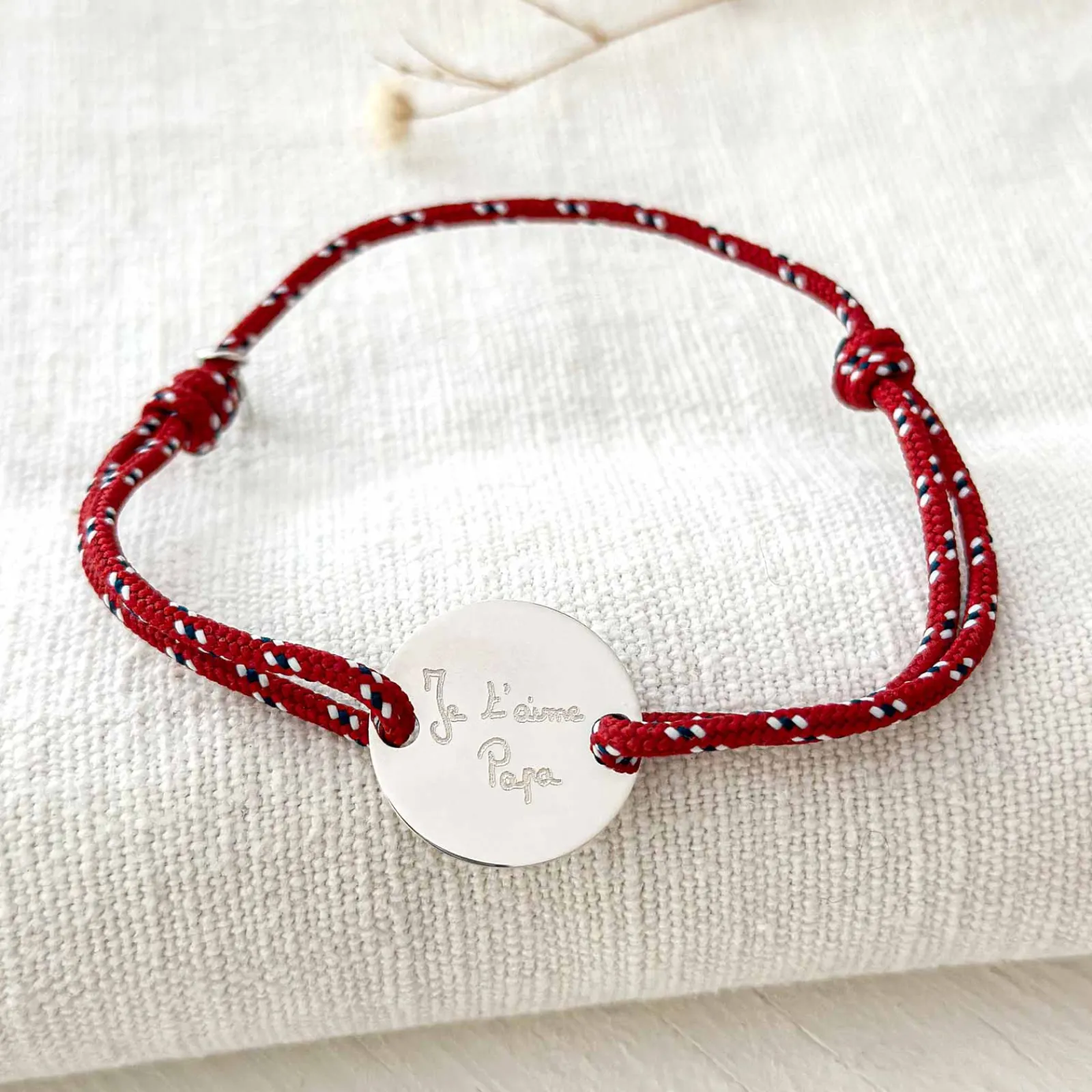 Hot HappyBulle Bracelet homme personnalisé cordage marin simple médaille gravée argent 2 trous 20 mm Argent rhodié 925