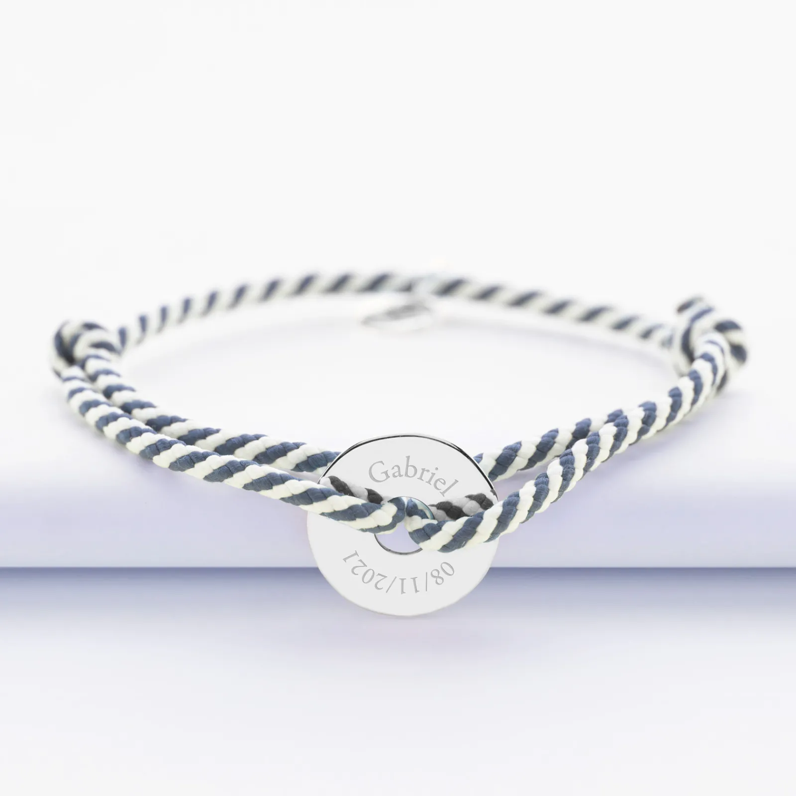Online HappyBulle Bracelet homme personnalisé cordon marin tressé médaille gravée argent cible 16 mm Argent rhodié 925