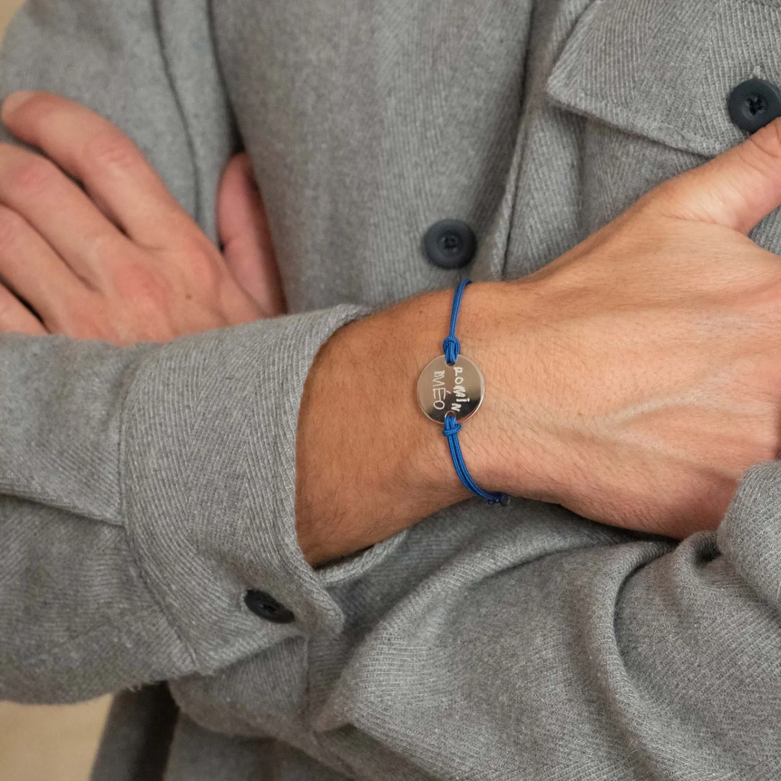 Outlet HappyBulle Bracelet homme personnalisé cordon doublé médaille gravée argent 2 trous 20 mm Argent rhodié 925