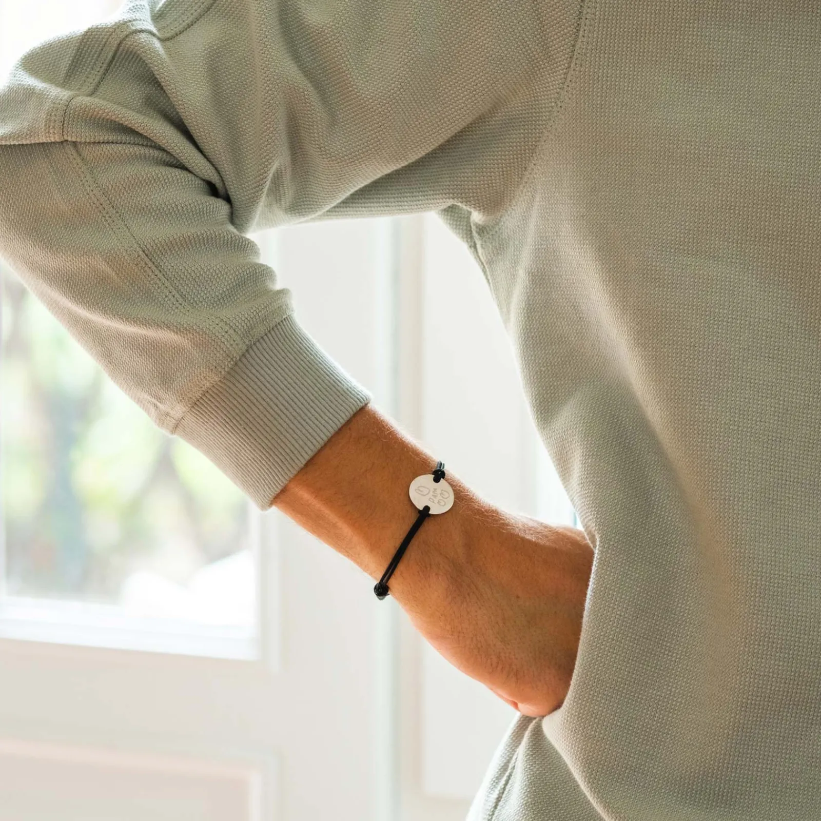Outlet HappyBulle Bracelet homme personnalisé cordon doublé médaille gravée argent 2 trous 20 mm Argent rhodié 925