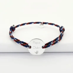 New HappyBulle Bracelet homme personnalisé cordage BLEU BLANC ROUGE médaille gravée argent 2 trous 20 mm