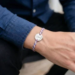 New HappyBulle Bracelet homme personnalisé cordage BLEU BLANC ROUGE médaille gravée argent 2 trous 20 mm