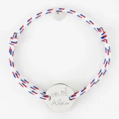New HappyBulle Bracelet homme personnalisé cordage BLEU BLANC ROUGE médaille gravée argent 2 trous 20 mm