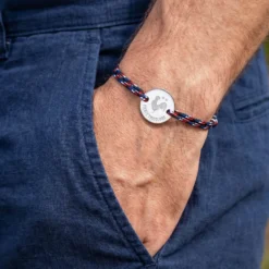 New HappyBulle Bracelet homme personnalisé cordage BLEU BLANC ROUGE médaille gravée argent 2 trous 20 mm