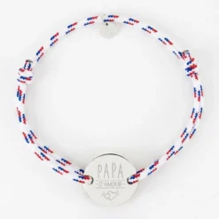 New HappyBulle Bracelet homme personnalisé cordage BLEU BLANC ROUGE médaille gravée argent 2 trous 20 mm