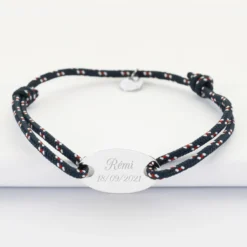 Discount HappyBulle Bracelet homme personnalisé cordage marin simple médaille gravée argent ovale 25x16 mm Argent rhodié 925