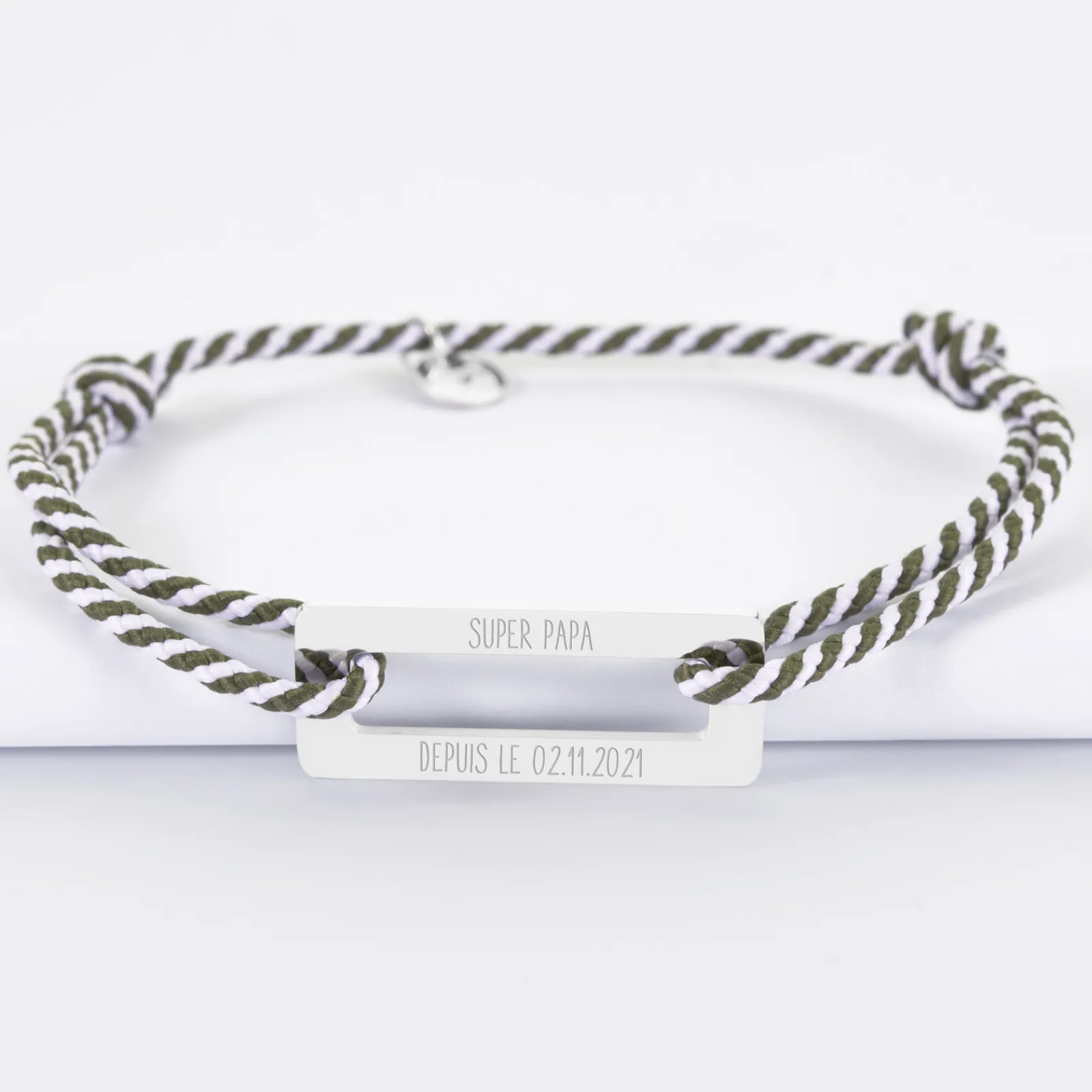 Discount HappyBulle Bracelet homme personnalisé cordon tressé médaille gravée acier rectangle évidé 32x14 mm Acier inoxydable