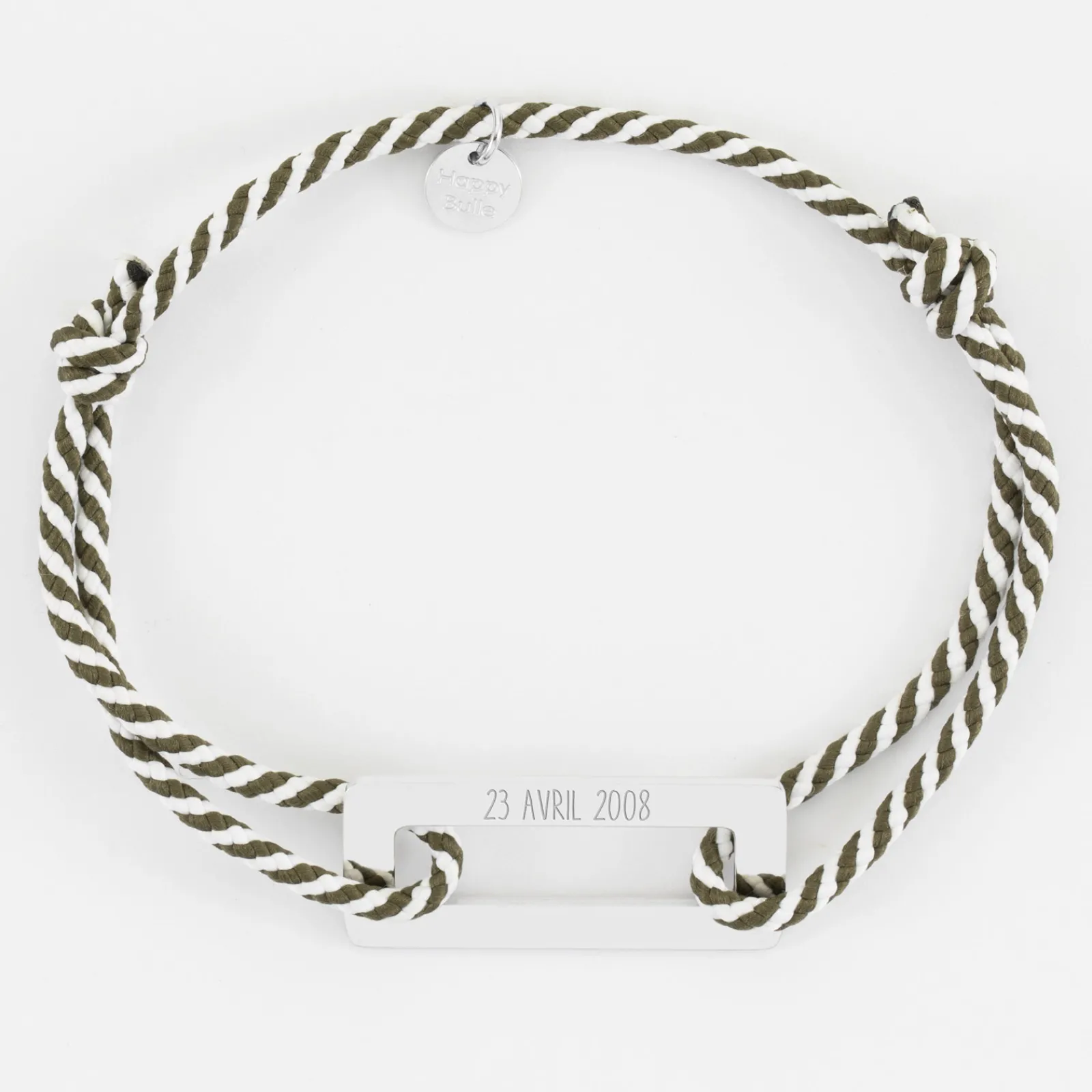 Discount HappyBulle Bracelet homme personnalisé cordon tressé médaille gravée acier rectangle évidé 32x14 mm Acier inoxydable