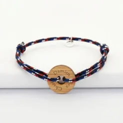 HappyBulle Bracelet homme personnalisé cordage BLEU BLANC ROUGE médaille gravée bois cible ronde 21 mm