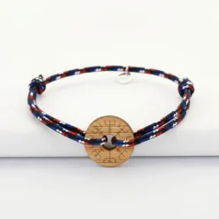 HappyBulle Bracelet homme personnalisé cordage BLEU BLANC ROUGE médaille gravée bois cible ronde 21 mm