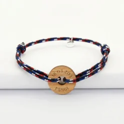 HappyBulle Bracelet homme personnalisé cordage BLEU BLANC ROUGE médaille gravée bois cible ronde 21 mm