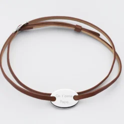 Best HappyBulle Bracelet homme personnalisé cuir médaille gravée argent ovale 2 trous 25x16 mm
