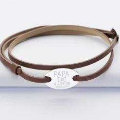 Best HappyBulle Bracelet homme personnalisé cuir médaille gravée argent ovale 2 trous 25x16 mm