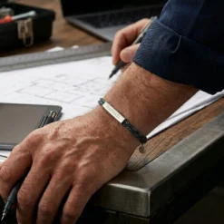 HappyBulle Bracelet homme personnalisé cordage marin double médaille gravée acier cube rectangulaire 25x5x5 mm Acier inoxydable