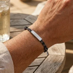 HappyBulle Bracelet homme personnalisé cordage marin double médaille gravée acier cube rectangulaire 25x5x5 mm Acier inoxydable