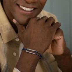 Sale HappyBulle Bracelet homme personnalisé cordage marin simple médaille gravée acier rectangle évidé 32x14 mm Acier inoxydable