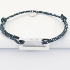 Sale HappyBulle Bracelet homme personnalisé cordage marin simple médaille gravée acier rectangle évidé 32x14 mm Acier inoxydable