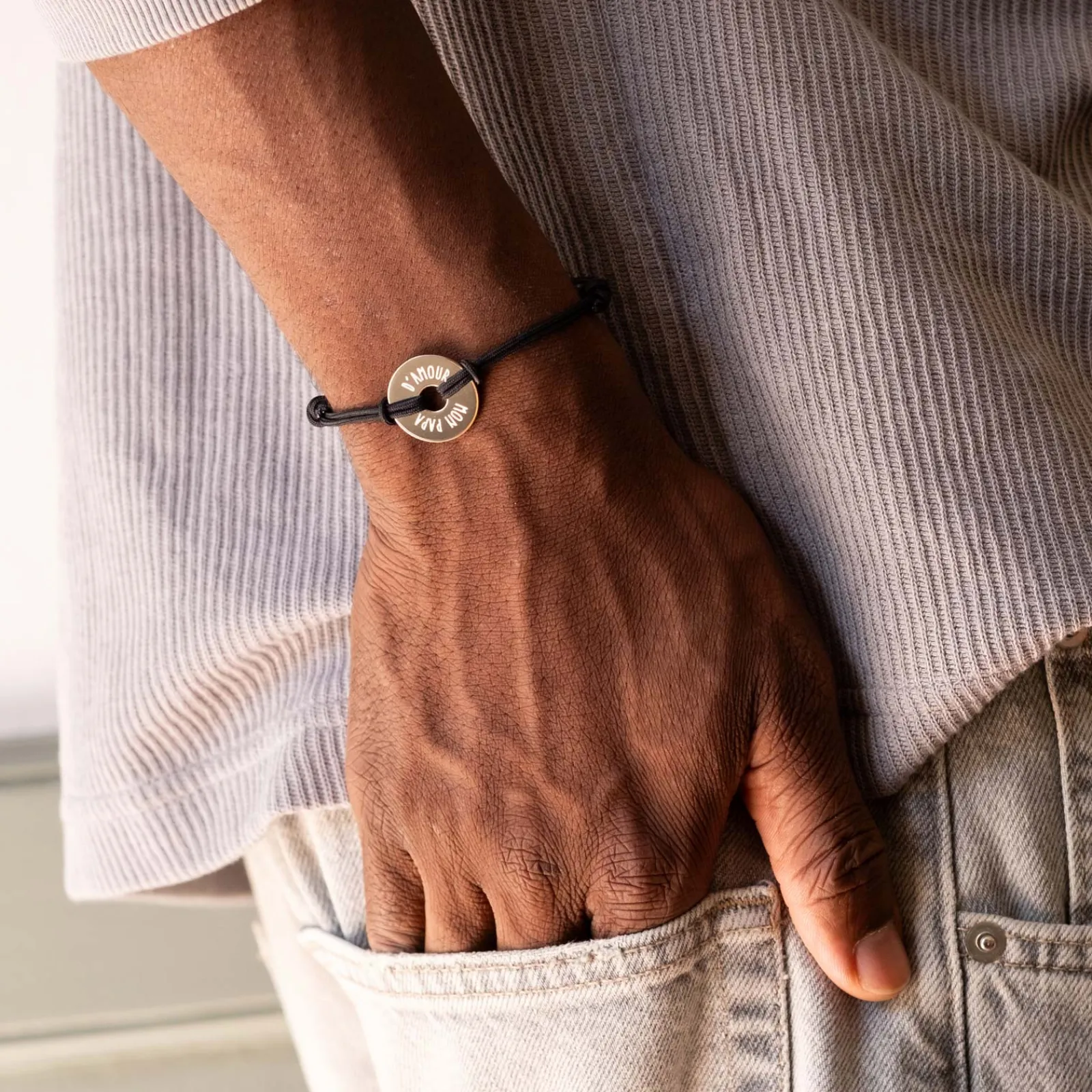 New HappyBulle Bracelet homme personnalisé cordon double médaille gravée plaqué or cible 20 mm Plaqué or 18k