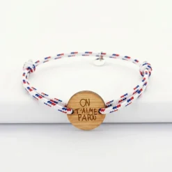 Clearance HappyBulle Bracelet homme personnalisé cordage BLEU BLANC ROUGE médaille gravée bois ronde 2 trous 21 mm