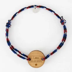 Clearance HappyBulle Bracelet homme personnalisé cordage BLEU BLANC ROUGE médaille gravée bois ronde 2 trous 21 mm