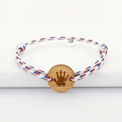Clearance HappyBulle Bracelet homme personnalisé cordage BLEU BLANC ROUGE médaille gravée bois ronde 2 trous 21 mm