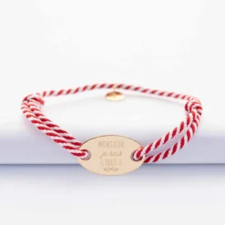 Sale HappyBulle Bracelet homme personnalisé cordon marin tressé médaille gravée plaqué or ovale 25x16 mm Plaqué or 18k