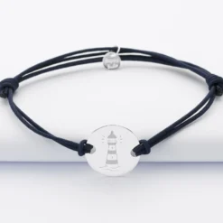 Clearance HappyBulle Bracelet homme personnalisé cordon doublé médaille gravée argent 2 trous 20 mm - Edition spéciale Marin Argent rhodié 925