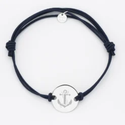 Clearance HappyBulle Bracelet homme personnalisé cordon doublé médaille gravée argent 2 trous 20 mm - Edition spéciale Marin Argent rhodié 925