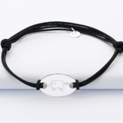 Best HappyBulle Bracelet homme personnalisé cordon doublé médaille gravée argent ovale 25x16 mm Argent rhodié 925