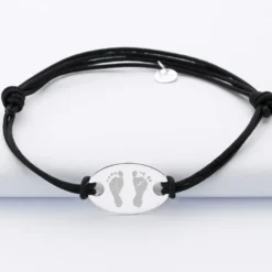 Best HappyBulle Bracelet homme personnalisé cordon doublé médaille gravée argent ovale 25x16 mm Argent rhodié 925
