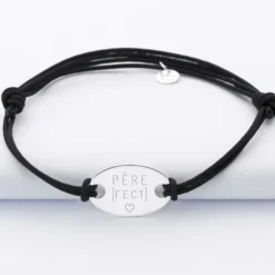 Best HappyBulle Bracelet homme personnalisé cordon doublé médaille gravée argent ovale 25x16 mm Argent rhodié 925