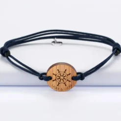 New HappyBulle Bracelet homme personnalisé cordon double médaille gravée ronde 2 trous 21 mm - Edition spéciale Marin Bois